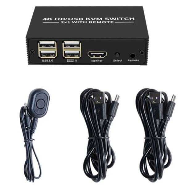 HDMI-Compatible KVM Switch 4K Selector 2 in 1 Out with 4 Port USB Hub