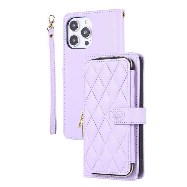 Quilted Leather Wallet Case Cover Compatible with iPhone 16 Pro Wrist Strap