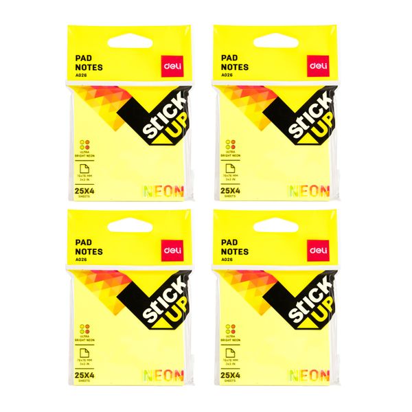 Deli Sticky Notes Neon 76×76mm 100 Sheets, 4 packs