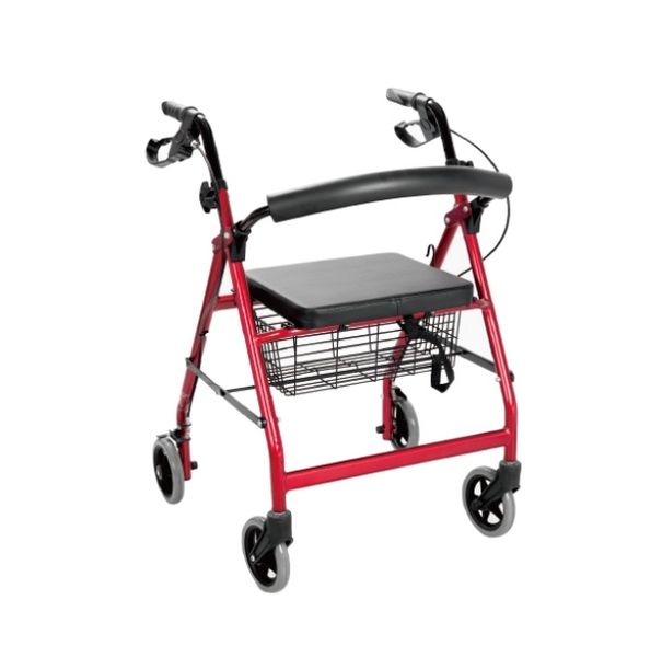 Compact Rollator Walker with Seat, Basket &amp; Brakes - 6" Wheels Red Black