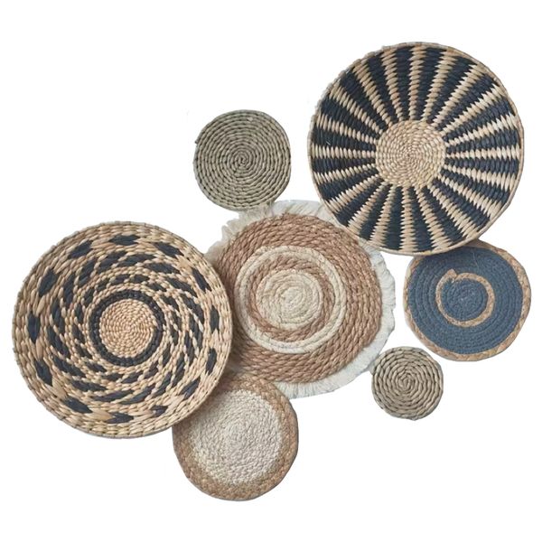 Decor Bohemian-Style Handwoven Rattan Wall Art Hanging Baskets Set of 7