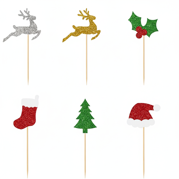 24 Piece Christmas Glitter Cake Toppers With Assorted Designs - Multicolor