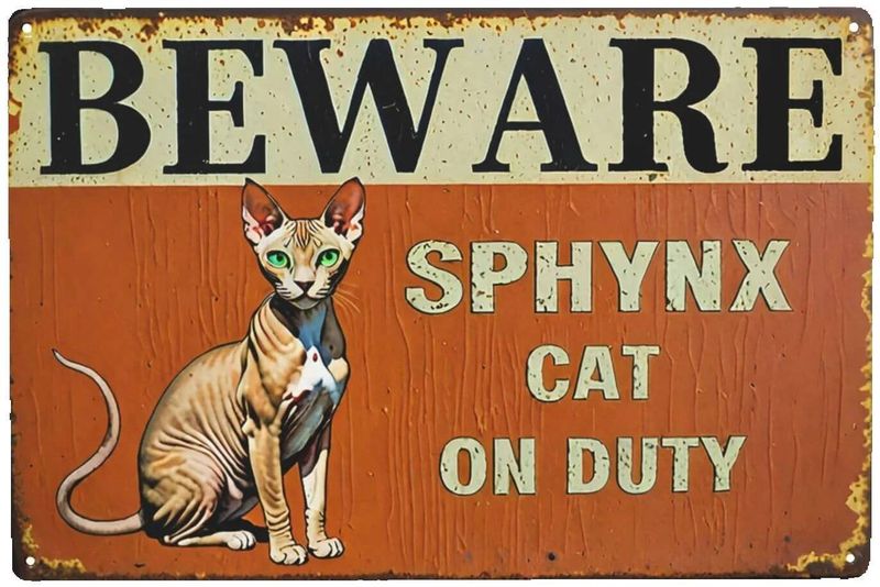 Beware Sphynx Cat On Duty Tin Sign 8x12" - Retro Wall Decor