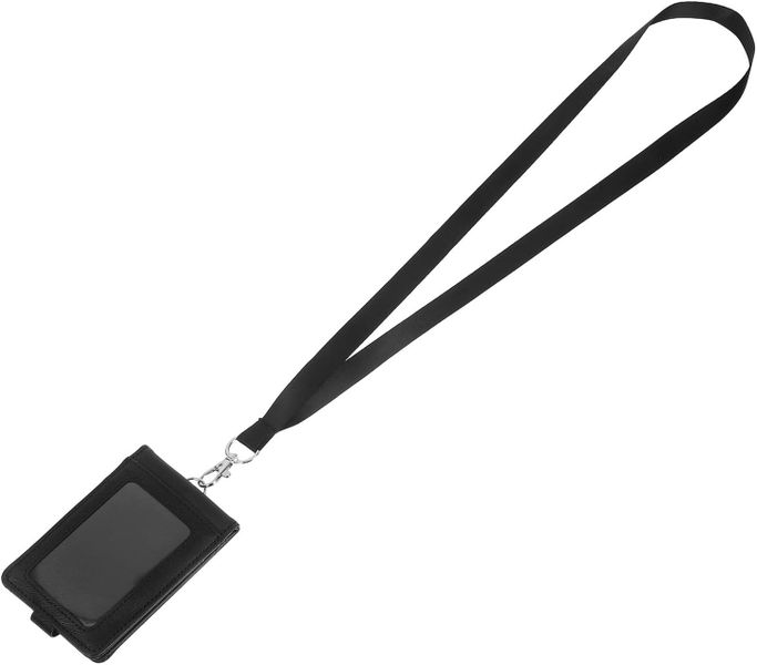 Leather Badge Holder with Neck Strap, Vertical Id Card Protector Sleeve
