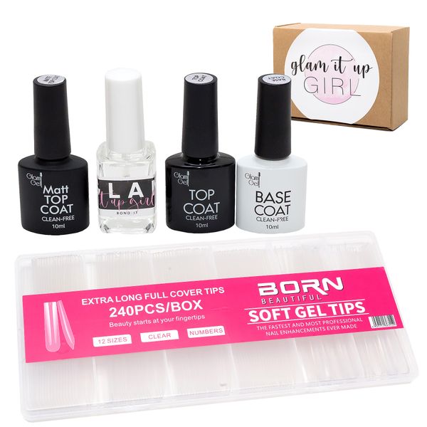 Extra Long Soft Gel Nail Tips 240Pcs + UV Glam Gel Top, Base, Matt, Bond-It