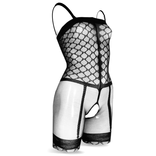 She-Woolf Hosiery, Mia, Opaque Honey Comb Black Suspender Design Strappy Full Bodystocking