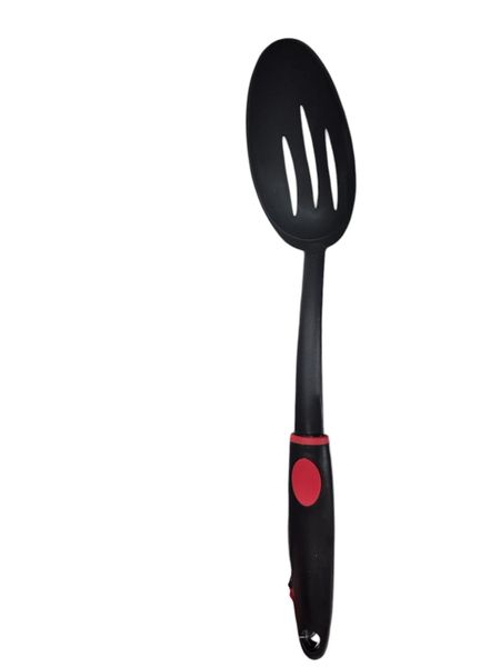 Black Plastic Slotted Spoon with Red Details - Heat-Resistant &amp; Ergonomic
