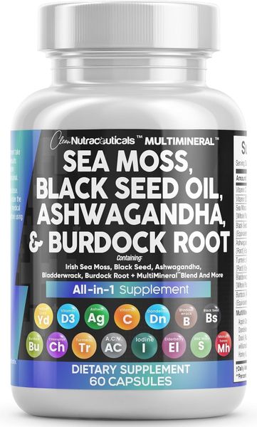 Clean Nutraceuticals Sea Moss, Black Seed Oil, Ashwagandha &amp; Burdock Root