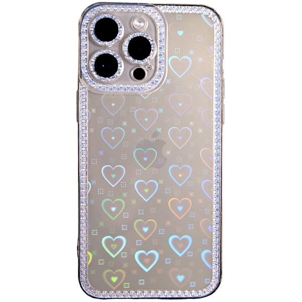 Clear - Phone Case with Diamond Edge &amp; Heart Print - Iphone 15 Pro Max