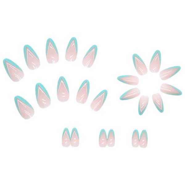 24Piece Short Almond French Tip Press-On Nails With Modern Twist - Cyan Blue