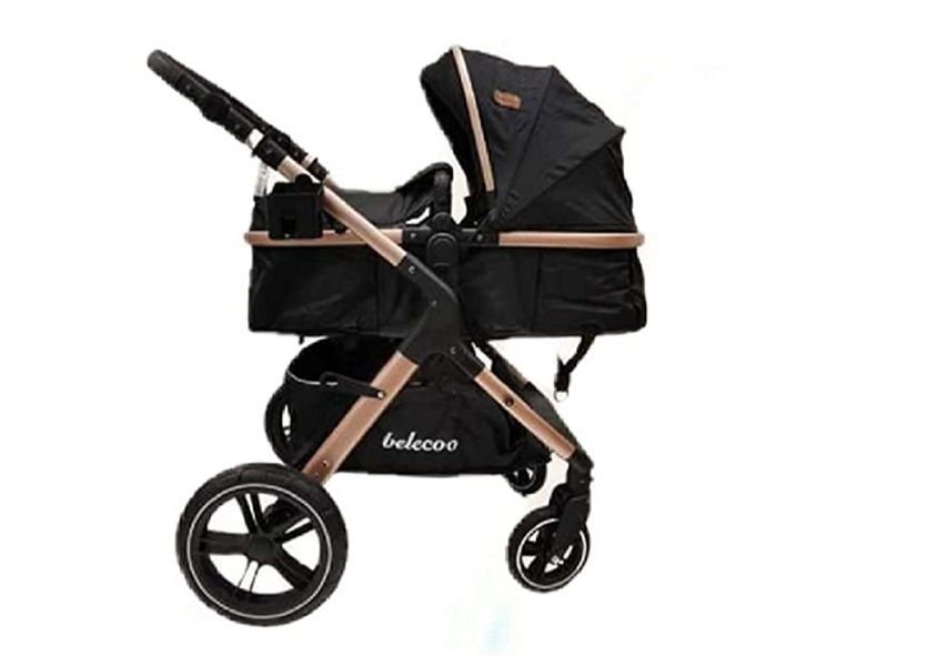 Belecoo X1 Baby Stroller 2 in 1 Foldable Pram- black And Rose Gold Frames