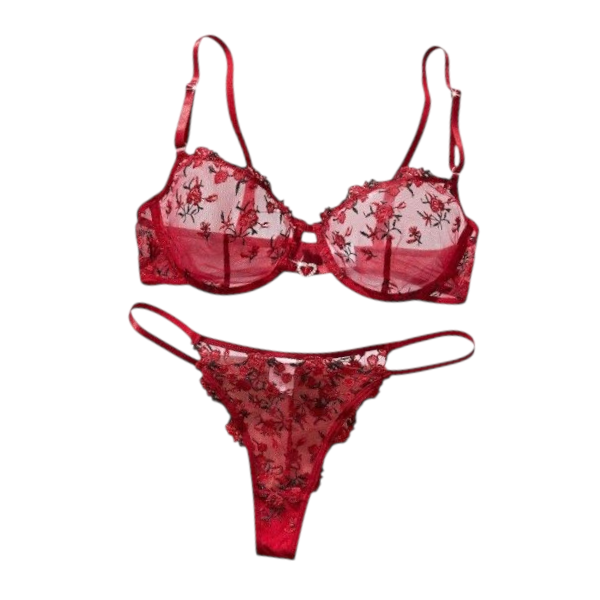 Women's Heart Stone Decor Embroidered Lingerie Set - Burgundy