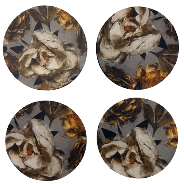 White Gold Roses Coasters with Rubber Backing