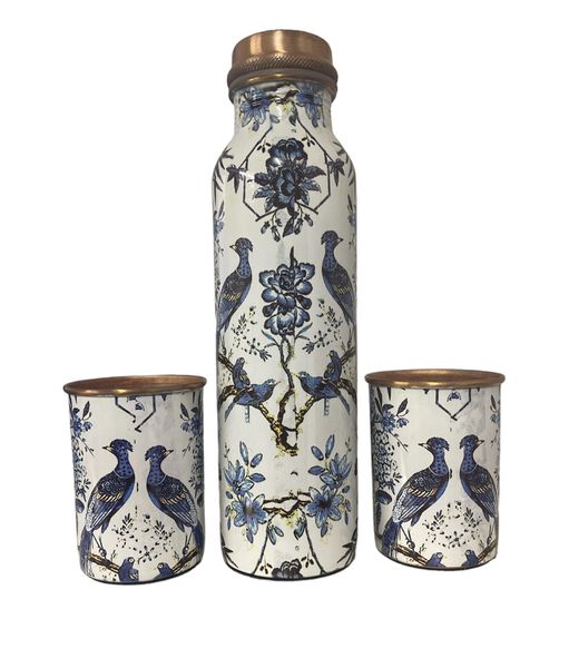 Pure Copper Blue Bird print 100% Water Bottle 1 Litter