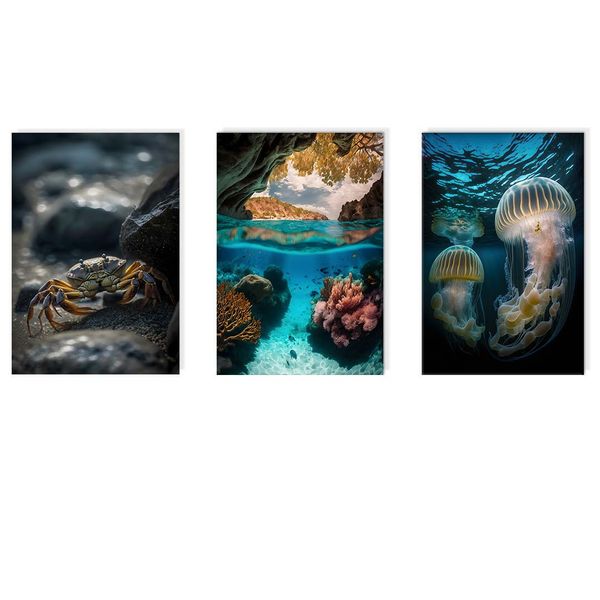 Canvas-Art-3 Pieces Blue Sea Crab and Jellyfish Ocean Deco Wall Art