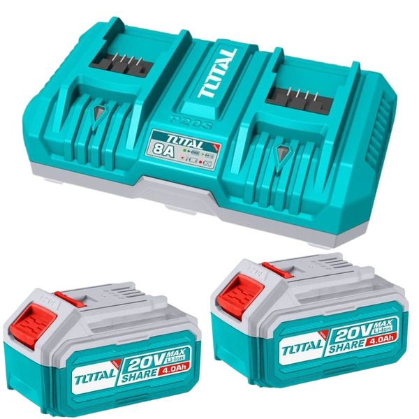 Total Tools - Dual 8Ah Fast Charger (4Ah +4Ah) with 2 x 4Ah Batteries
