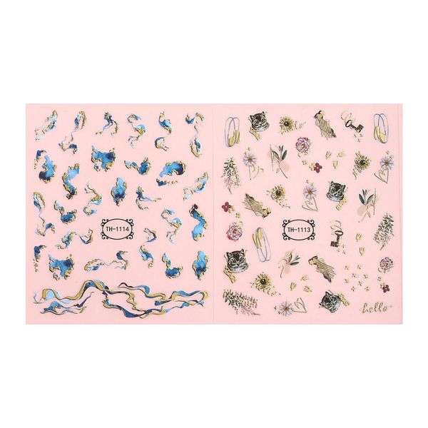 Nail Art Stickers - Blue &amp; Gold Abstract + Cat Patterns 2 Sheets