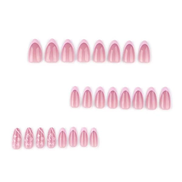 Pink Flower Press on Nails Medium Almond,Pink French Tip Fake Nails