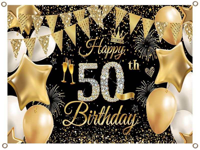 Happy 50th Birthday Banner - PVC Gold and Black - 1.3m x 900mm