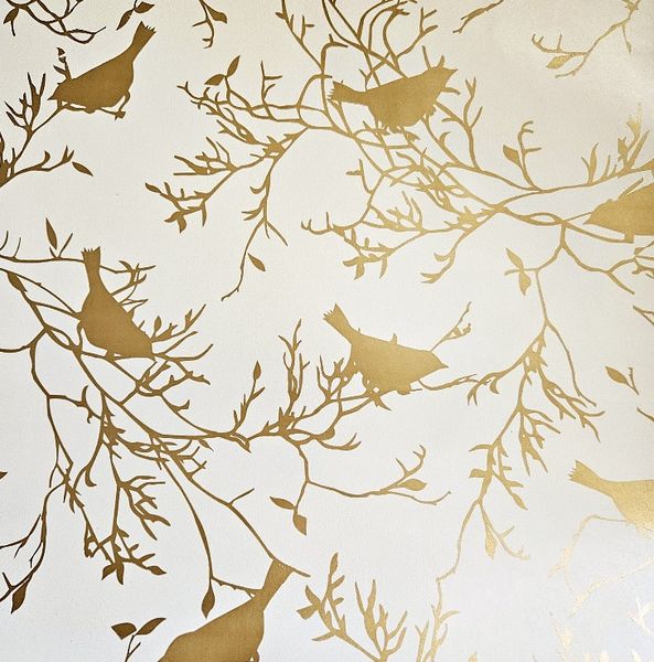 Gold Birds On Cream Wrapping Paper -10m roll