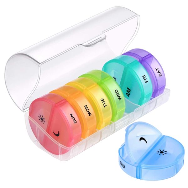 Portable 7 Days Weekly AM PM Damp Proof Pill Storage Box - Black &amp; Colorful