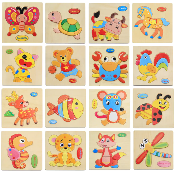 NIKKIKIDS Educational Wooden Puzzles - 16 Piece Animal Super Pack