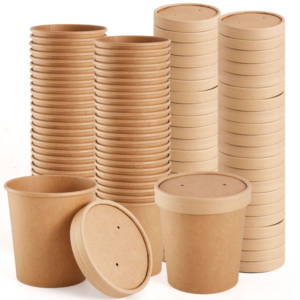 Chenshia 50Pc Kraft Paper Cup Lid 480ml Leak-Proof Takeaway Food Container