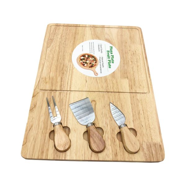 Multipurpose Rectangular Wooden Pizza Serving Board With 3 Utensils Set