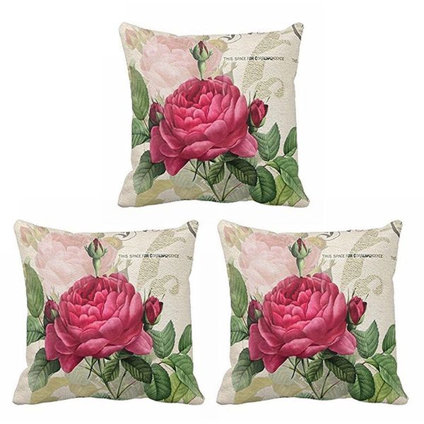3X Vintage Floral/Flower Flax Pillow Case Cushion Cover(Rose Flower)