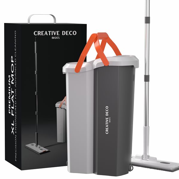 Creative Deco BASICS Premium XL Flat Mop &amp; Bucket SET +2 Reusable Mop Heads