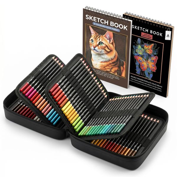 Topika 120 Colouring Pencils Set, 2 Sketchbooks, Oil-Based Drawing Art Set
