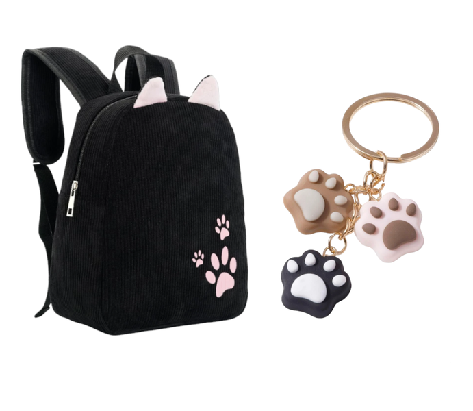 Animal Lover Paw Printed Schoolbag Backpack With Paw Charm Keychain By CC