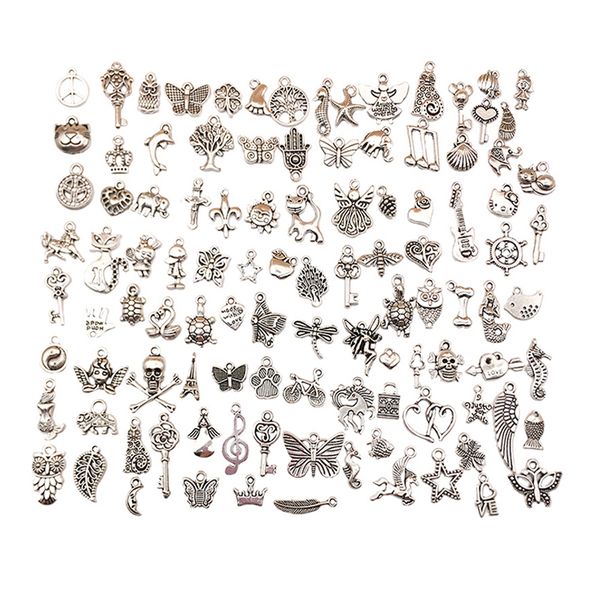 100 Pieces Mixed Tibetan Silver Alloy Charms DIY Pendants