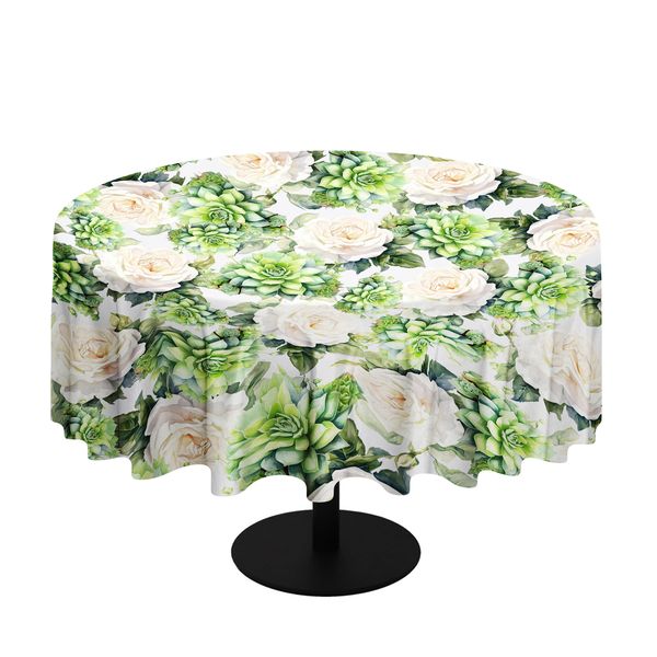 White Roses and Succlents Round Tablecloth