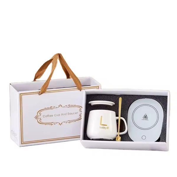 Electric Smart Coffee Cup Warmer with Ceramic Cup and Spoon Gift Box Set