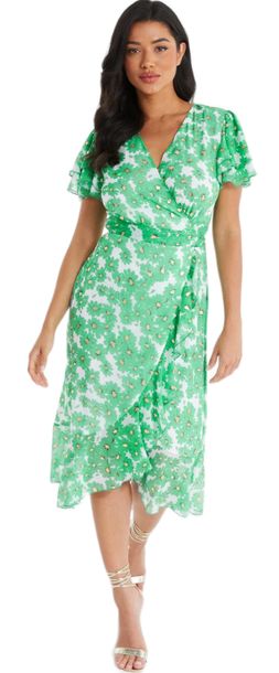 Quiz Ladies - Green Chiffon Floral Wrap Midi Dress | Shop Today. Get it ...