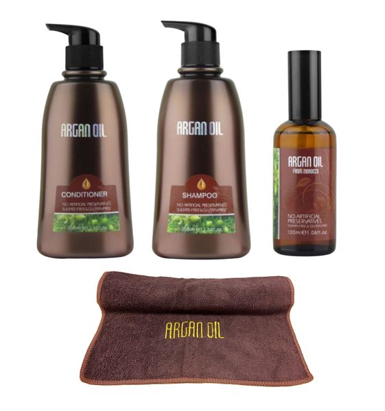 Argan Trio + Towel: Shampoo 350, Conditioner 350, &amp; 100ml Oil