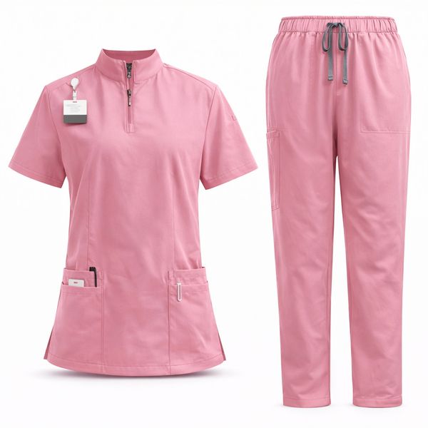 Stand-up Collar Zipper Women's Medical Uniform Work Suit Two-Piece Set