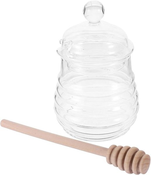Honey Jar with Dipper and Lid, Small Glass Syrup Dispenser for Home