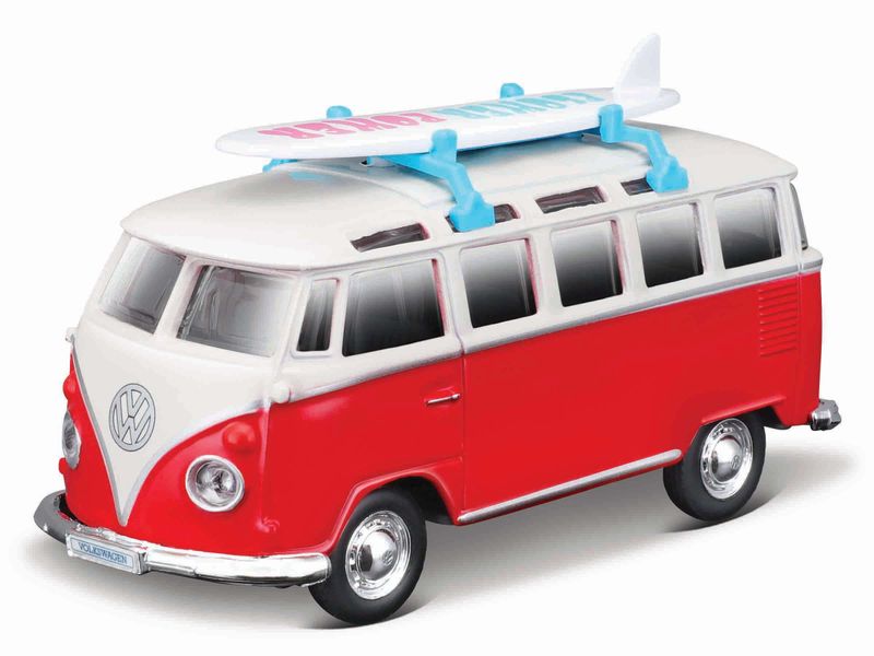 Maisto 4.5"/11cm Volkswagen Van Samba (With Surfing Board) - Red/White