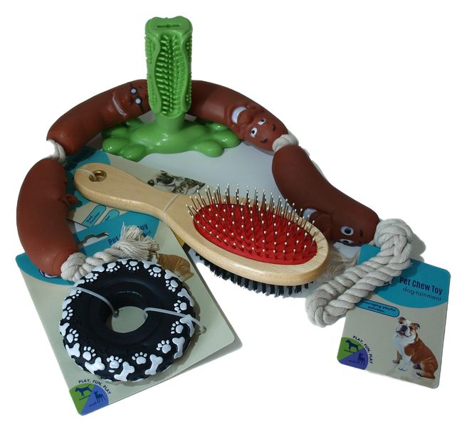 Dog Puppy Chew Toys, Teeth Cleaning or Dental Care Toy and Grooming Brush