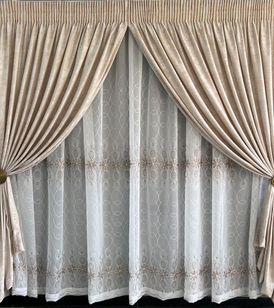 Beige Cloudy Taped Curtain And Embroidered Lace image