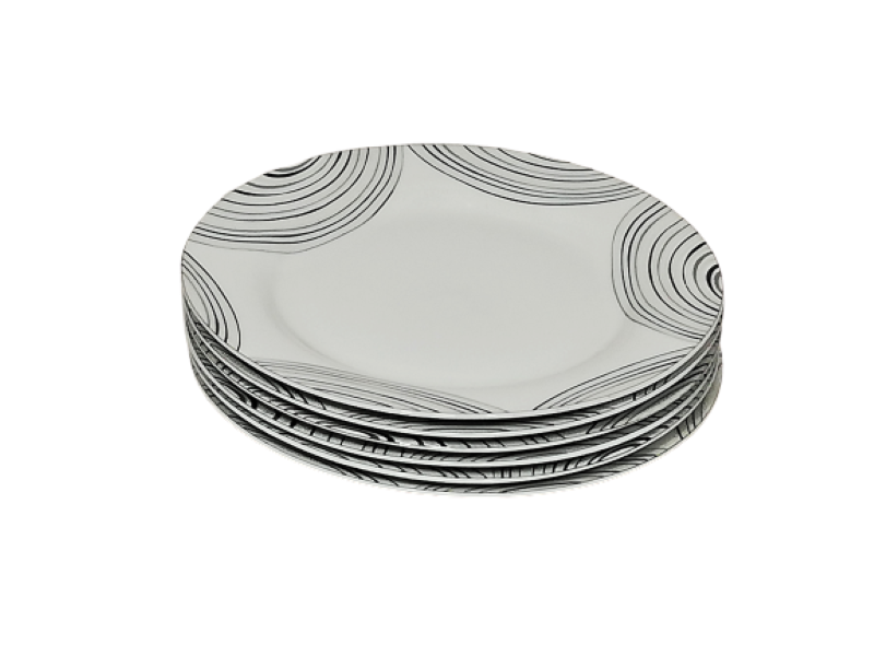 Dinner Plates 6 Pack Circle Pattern Silver, White and Black Decal