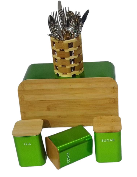 Matching Bamboo Lid Bread Bin Storage and Utensils Set