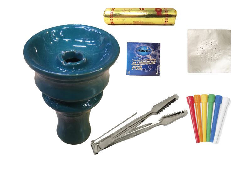 AH TECH Hookah Clay Bowl, Coal, Tong, Mouthpiece &amp; Foil Bundle.