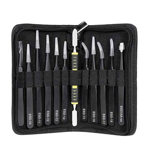 12pcs precision tweezers set - anti-static stainless steel ESD tweezers kit