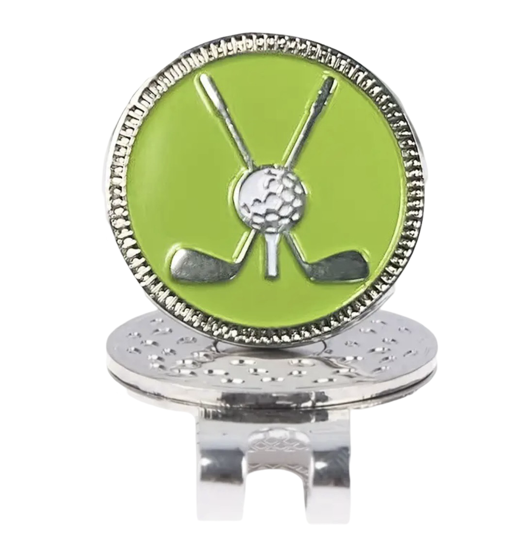 Golf Hat Clip with Removable Ball Marker-Silver Golf Clubs & Ball on Green