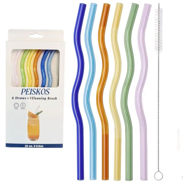PEISKOS 6 Pieces Reusable Colorful Wavy Glass Straws with 1 Brush For Juice and Tea