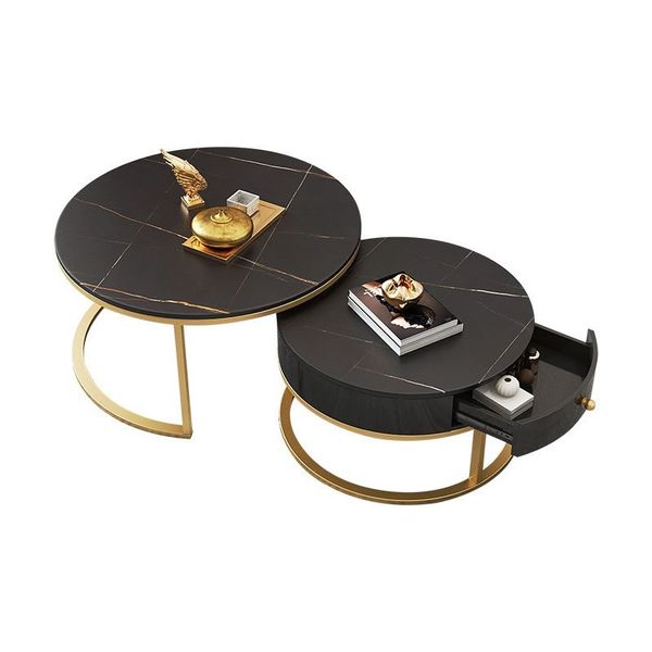 Rounded Marble Coffee Table with Drawer - Set of 2