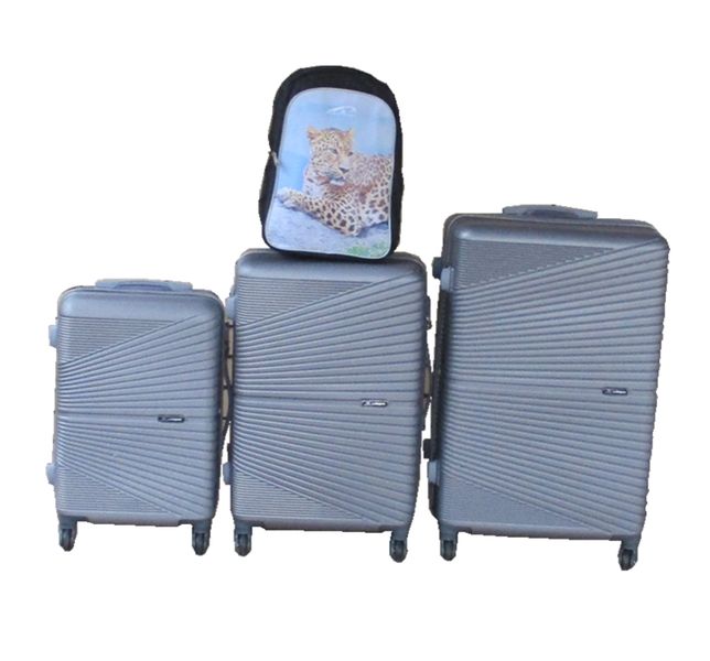 Silver ABS 3-Piece Trolley Luggage Set with Leopard Print School Bag